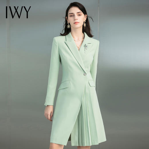 IWY/绿色英伦风长袖职业连衣裙时尚秋季浅绿色西装领气质修身ol裙子正装223198Q1 商品图0