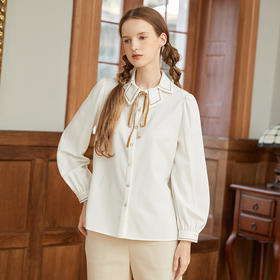 Famecoco范可儿花瓣领衬衫女设计感小众秋冬季蝴蝶结衬衣F228BH008