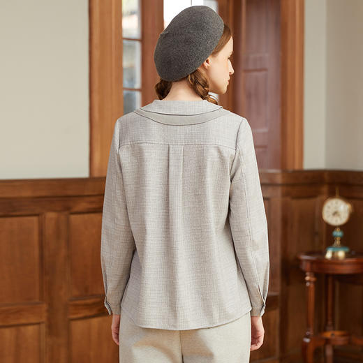 famecoco范可儿双层领细格纹衬衫女侧开叉衬衣通勤设计感F228BH001 商品图4