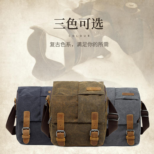 狼族优选丨复古单肩摄影包 单反便携斜挎包 日韩防泼水帆布男女相机包咖啡色 商品图8