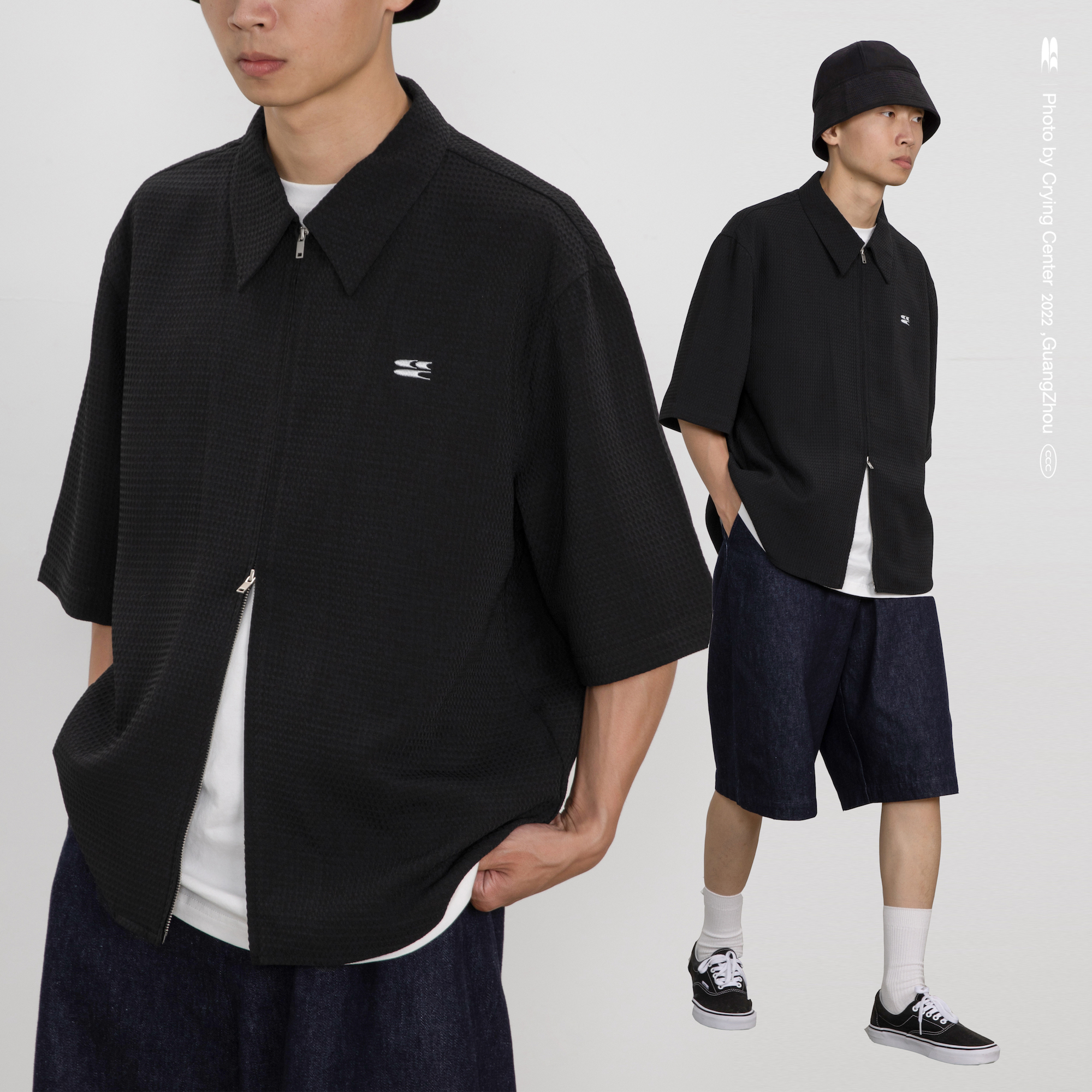 CryingCenter 银灰刺绣极简黑无性别华夫格衬衫上下拉链 哭喊中心