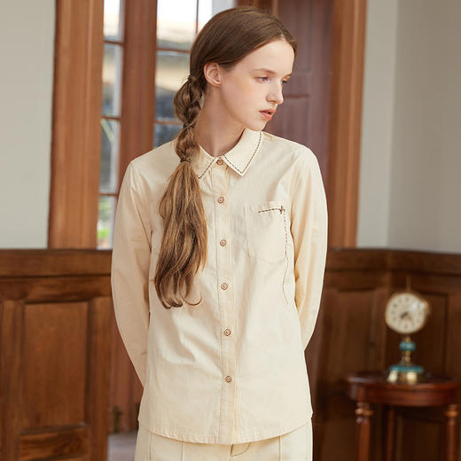 Famecoco范可儿纯色洗水棉衬衫女翻领长袖明线刺绣衬衣F228BH006 商品图3