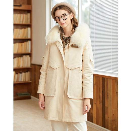 Famecoco范可儿原创设计派克羽绒服女冬加厚大毛领工装外套中长款F228AD001 商品图1