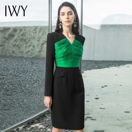 IWY/秋季新款洋气时尚职业连衣裙女拼接黑绿色长袖个性潮流打底裙2231100Q1 商品图0
