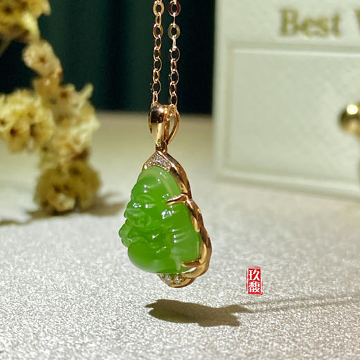 18K玫瑰金和田玉（碧玉）项链--玉佛/佛公11*12mm/链长40+2cm/苹果绿 商品图4