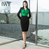 IWY/秋季新款洋气时尚职业连衣裙女拼接黑绿色长袖个性潮流打底裙2231100Q1 商品缩略图4