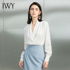 IWY/时尚白衬衫女V领气质优雅职业衬衣白色半裙OL女装春秋打底衫223161B1