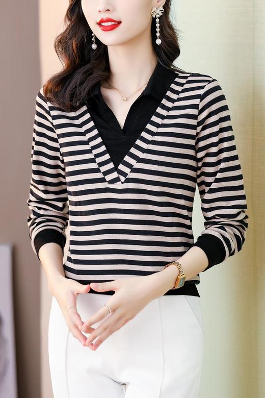 KQL 210H976经典条纹T恤拼接假两件大码打底衫 商品图3