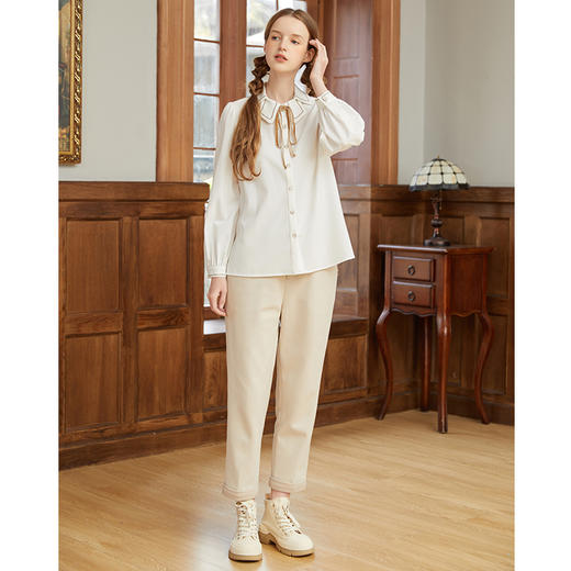 Famecoco范可儿花瓣领衬衫女设计感小众秋冬季蝴蝶结衬衣F228BH008 商品图1