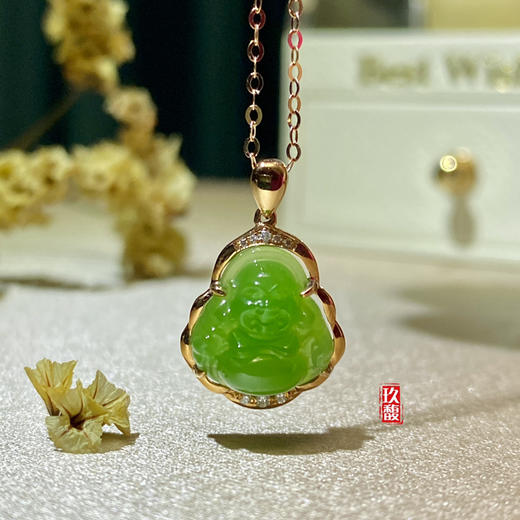 18K玫瑰金和田玉（碧玉）项链--玉佛/佛公11*12mm/链长40+2cm/苹果绿 商品图2