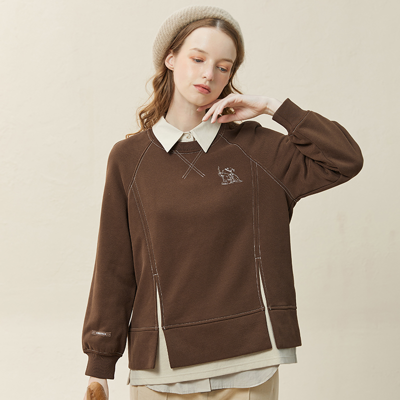 Famecoco范可儿假两件卫衣女秋冬设计师小众圆领套头上衣