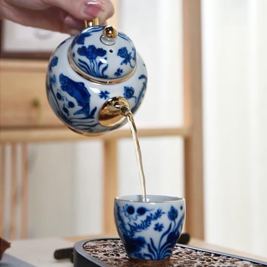 成艺德化陶瓷 鱼藻纹仿古手工鎏金茶壶手绘釉中青花茶杯茶具组 商品图3