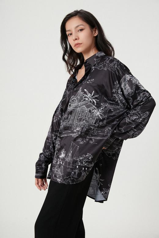 雍正行乐图原创印花黑色中性衬衣 商品图4