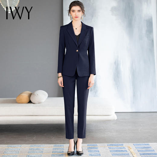 IWY/时尚藏蓝色一粒扣西装套装女长袖职业装气质正装显瘦西服外套2231104CP1 商品图1
