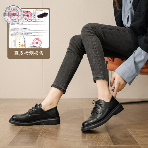黛唯梵英伦前系带黑色小皮鞋日常圆头低帮女鞋学院风纯色平跟布洛克鞋 商品图1