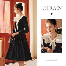 OLrain欧芮儿法式黑色丝绒连衣裙女秋季2022年新款收腰赫本风裙子