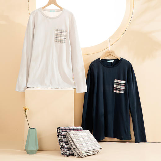 爱帝男士纯棉秋款格纹长袖家居服套装 商品图2