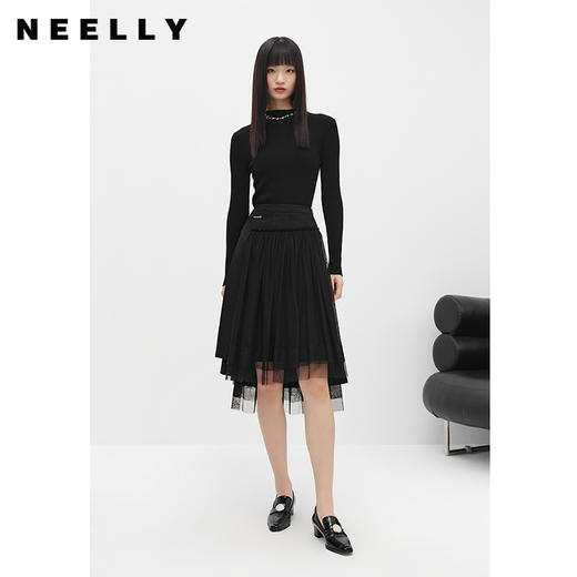NEELLY纳俪商场同款高腰不规则半身裙女网纱拼接A字裙中长款时尚N22103E01089 商品图1