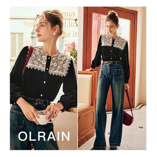 OLrain欧芮儿法式黑色雪纺蕾丝衫女秋季2022年新款海军领丝绒衬衣 商品图3