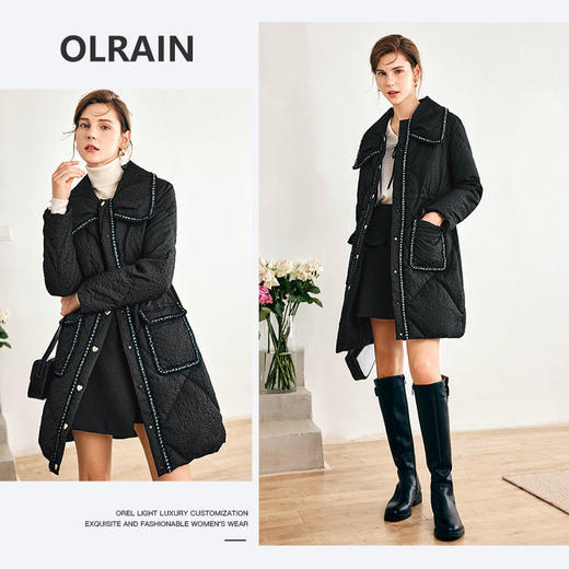 OLrain欧芮儿法式黑色小香风羽绒服女春2025新款中长款加厚外套 商品图1