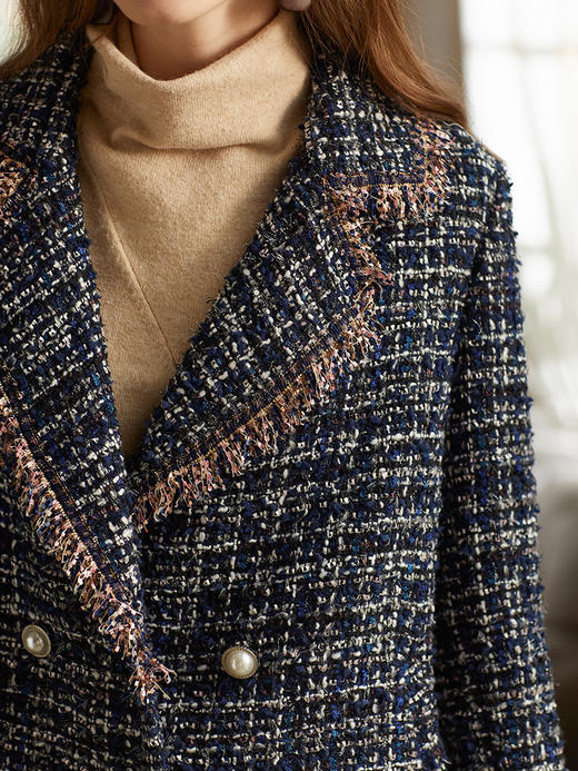 欧芮儿2019秋宽松翻领花色大衣女长袖流苏毛呢外套女中长款 商品图2