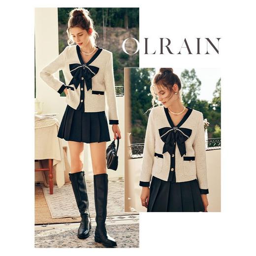 OLrain欧芮儿法式小香风短外套女秋季2022年新款蝴蝶结粗花呢开衫 商品图3