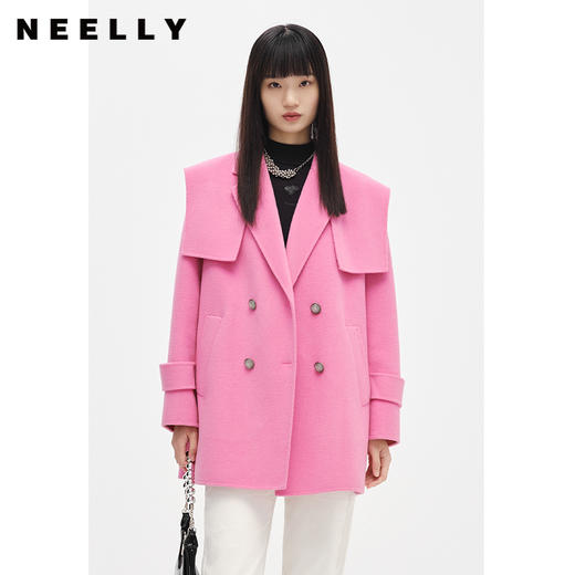 NEELLY纳俪商场同款千鸟格毛呢外套女中长款双排扣翻领减龄大衣冬N22103N01078 商品图2