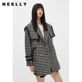 NEELLY纳俪商场同款千鸟格毛呢外套女中长款双排扣翻领减龄大衣冬N22103N01078