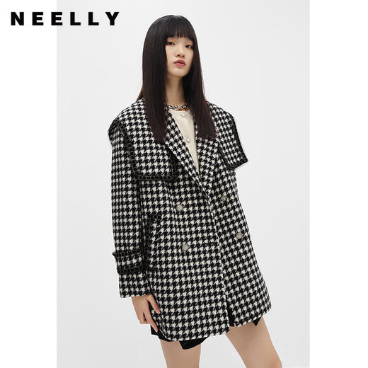 NEELLY纳俪商场同款千鸟格毛呢外套女中长款双排扣翻领减龄大衣冬N22103N01078 商品图0