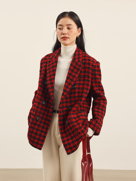 HeyDress复古千鸟格毛呢外套女秋冬双排扣羊毛西装休闲气质上衣 商品图4