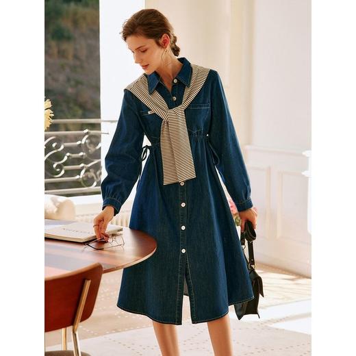 欧芮儿蓝色牛仔连衣裙女春季2022年新款收腰显瘦气质休闲披肩裙子 商品图4