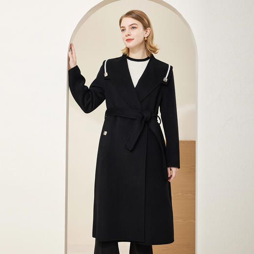 MH9M2斯尔丽瑟俪2022年冬上新商场同款精致撞色边海军领束腰带大衣外套 商品图0