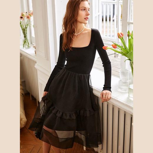 欧芮儿黑色连衣裙女秋冬2021年新款收腰显瘦赫本风欧根纱拼接裙子 商品图3
