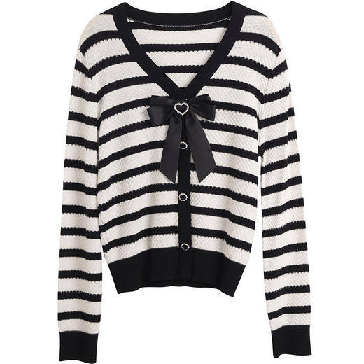 OLrain欧芮儿法式黑白条纹针织衫女秋季2022年新款蝴蝶结v领上衣 商品图5