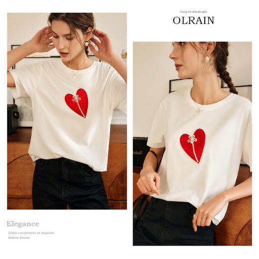 欧芮儿白色T恤女春季2022新款宽松显瘦洋气爱心刺绣短袖休闲上衣 商品图5
