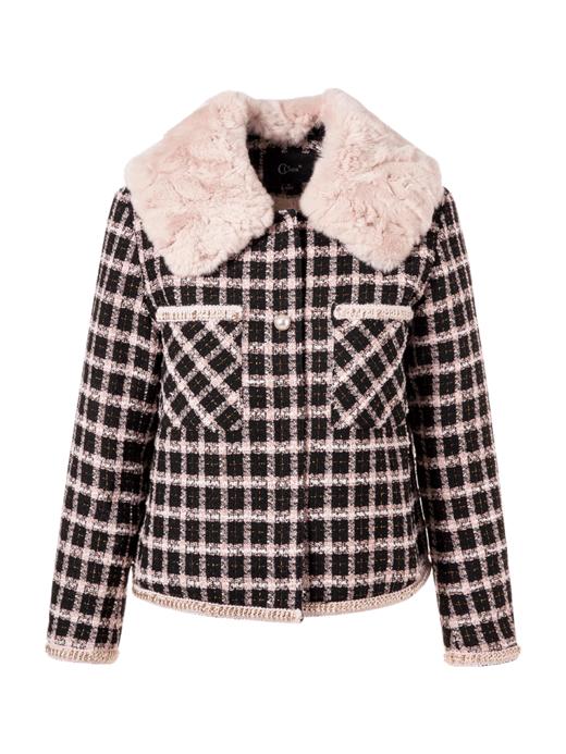 欧芮儿獭兔毛领长袖格子毛呢外套女2019秋冬新款宽松短款呢大衣 商品图3