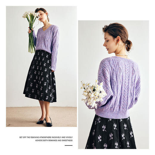 OLrain欧芮儿法式紫色毛衣女秋季2022新款复古v领马海毛麻花上衣 商品图2