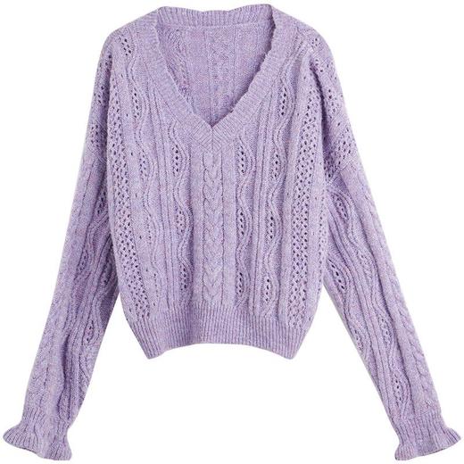 OLrain欧芮儿法式紫色毛衣女秋季2022新款复古v领马海毛麻花上衣 商品图5