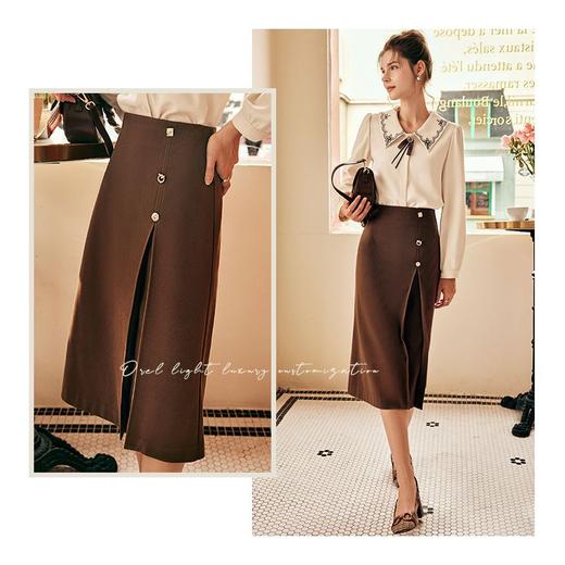 【年货节专享】【满300-30元】【满600-60元】OLrain欧芮儿法式咖色毛呢半身裙女秋季2022新款高腰开叉中长裙子 商品图0