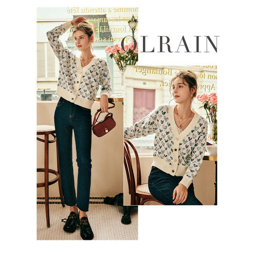 OLrain欧芮儿法式v领毛衣外套女春季2025新款复古爱心提花针织衫 商品图0