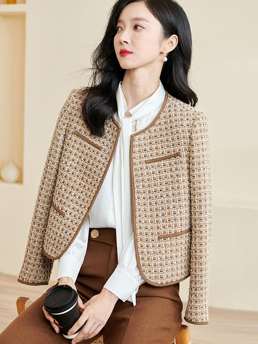 米思阳2024春季新款时尚气质休闲直筒开衫小香风长袖短外套3534 商品图0