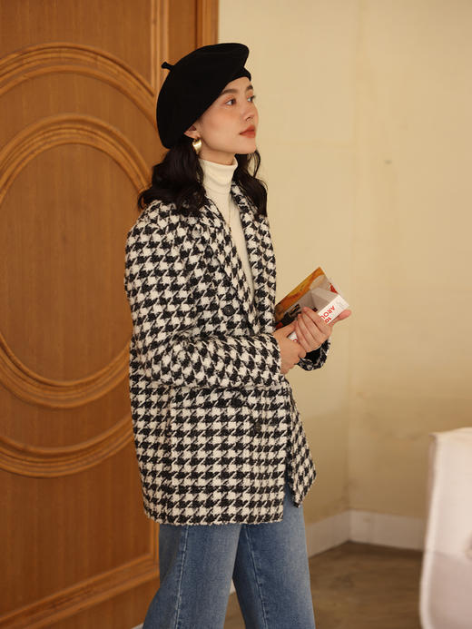 HeyDress复古千鸟格毛呢外套女秋冬双排扣羊毛西装休闲气质上衣 商品图2