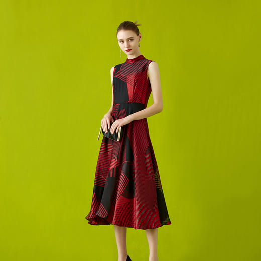 【伯妮斯茵】3S4643几何印花曙红色连衣裙《优雅妩媚系列》-【木兰花开--离骚】 商品图0