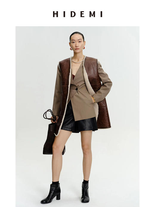 HIDEMI 卡其色V领设计感一粒扣收腰式西装外套 商品图4