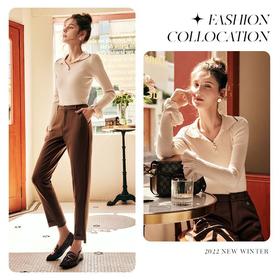 OLrain欧芮儿法式咖色西装休闲裤女秋季2022年新款直筒开叉烟管裤