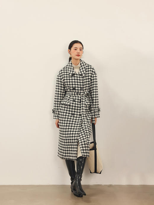 HeyDress千鸟格毛呢外套女秋冬法式复古宽松中长款羊毛大衣 商品图3