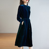 真丝丝绒连衣裙腰间系带孔雀蓝复古立领中长款蚕丝裙ZS-9123 商品缩略图1