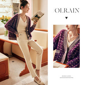 OLrain欧芮儿法式紫色毛衣外套女春季2025年新款宽松复古针织开衫