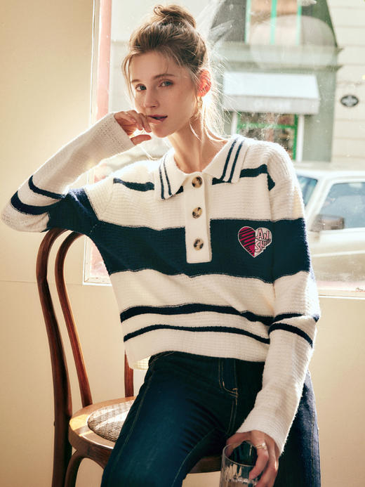 OLrain欧芮儿法式条纹毛衣女春季2025年新款学院风polo领针织上衣 商品图3