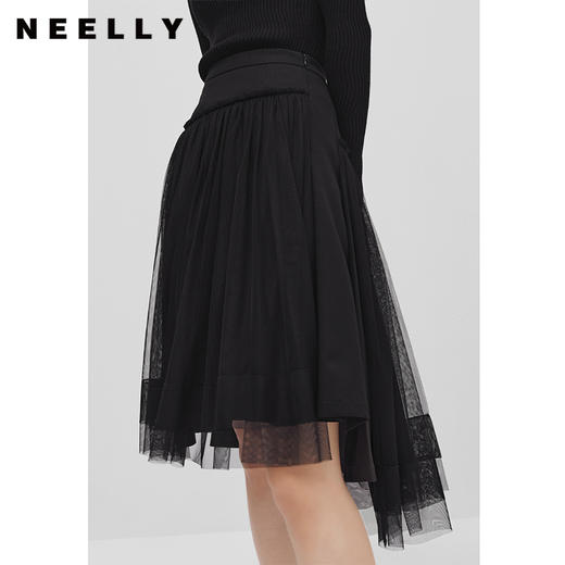NEELLY纳俪商场同款高腰不规则半身裙女网纱拼接A字裙中长款时尚N22103E01089 商品图3